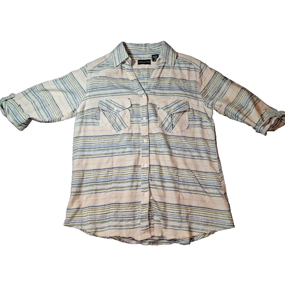 Company One Multi-Striped Button-Up Blouse crinkled linen size medium boho